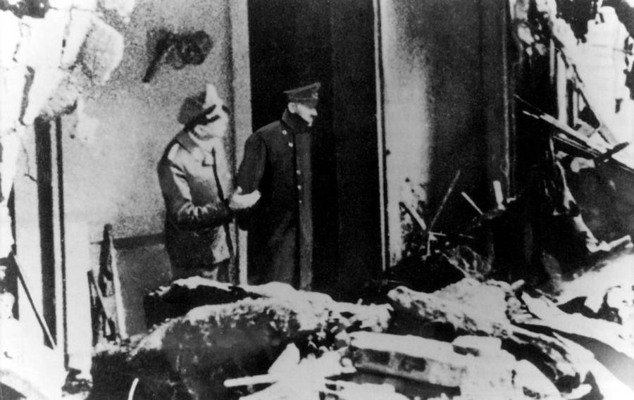 Hitler outside Fuhrerbunker where Hitler's body was found, 1945.
